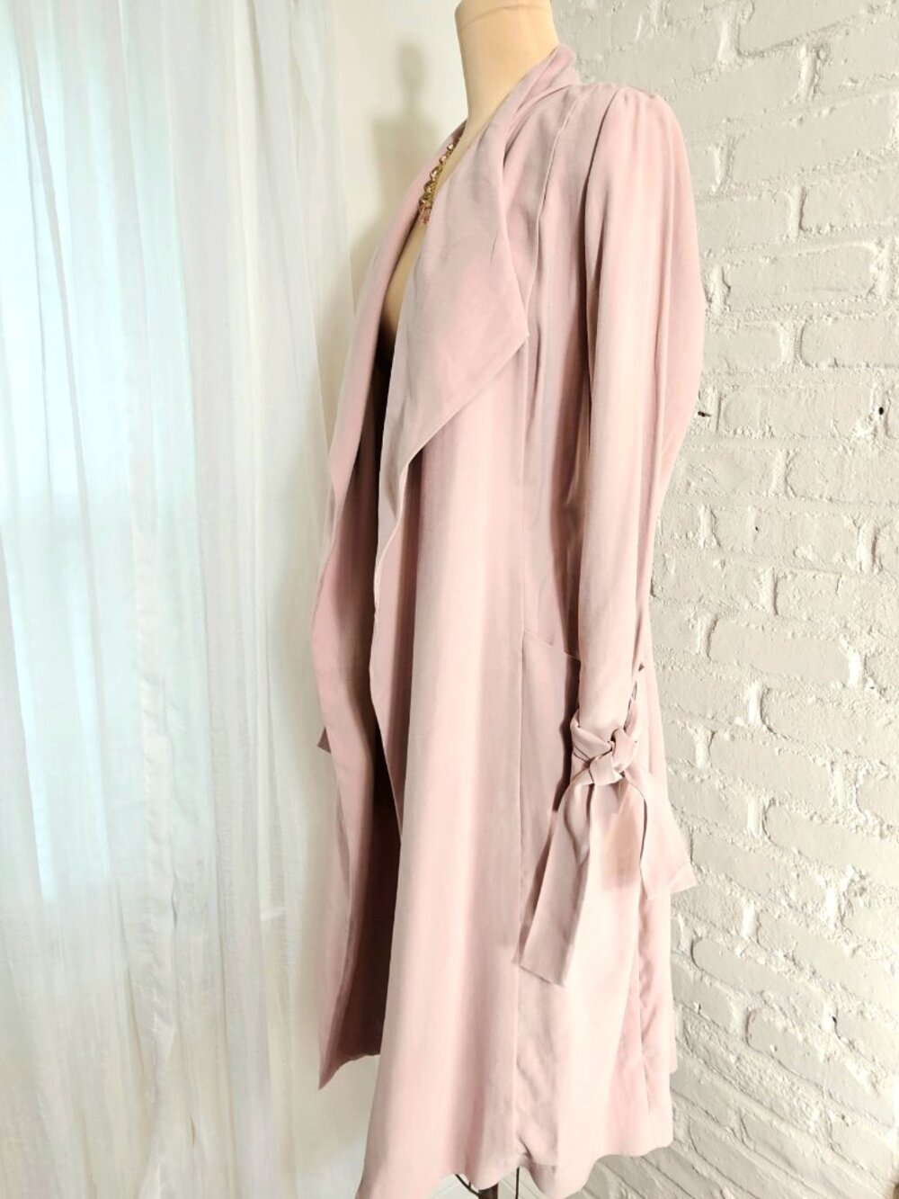Express Blush Drape Trench Coat Size M Tie Waist Lightweight Open Front Jacket - Picture 4 of 11
